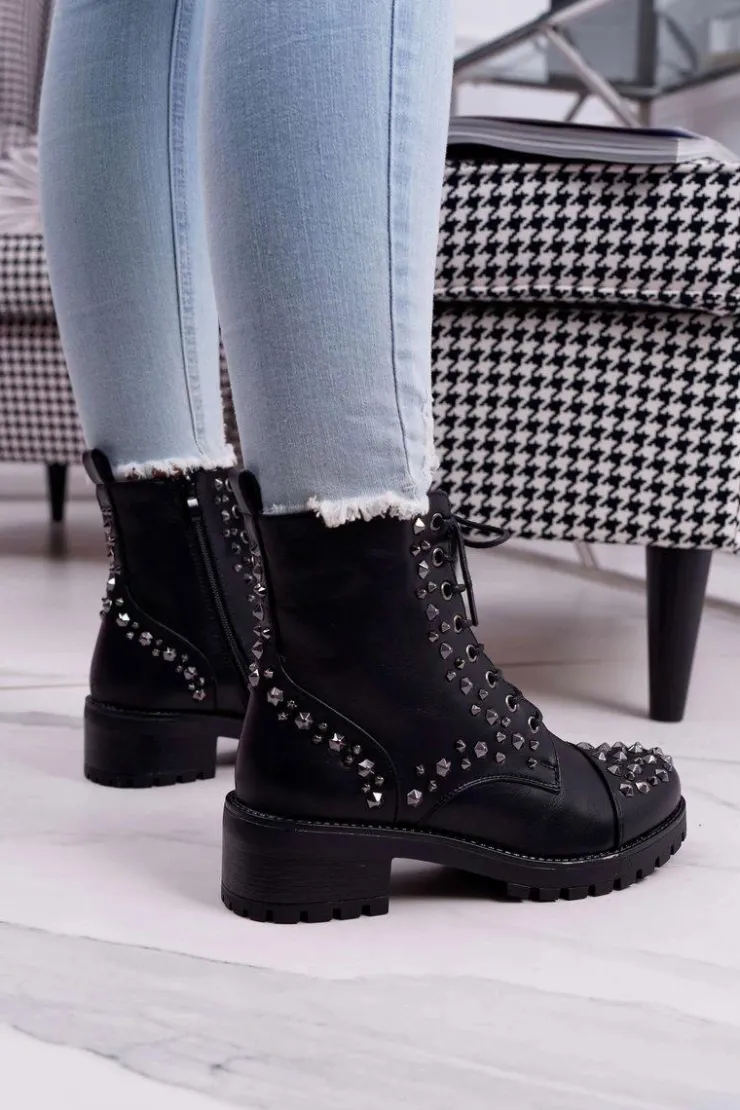 Boto Botki Sznurowane|Botki Zimowe Damskie*Damskie Botki Workery Z Dżetami Czarne Gether