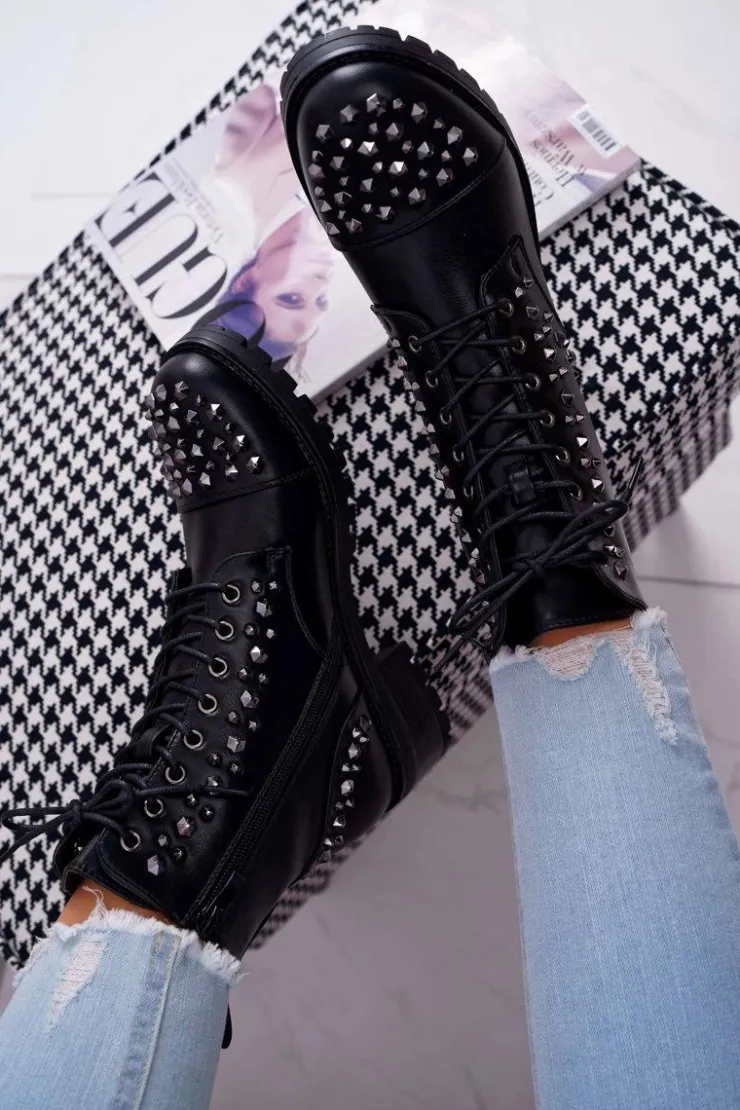 Boto Botki Sznurowane|Botki Zimowe Damskie*Damskie Botki Workery Z Dżetami Czarne Gether