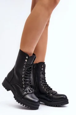 Boto Botki Sznurowane|Czarne Botki*Damskie Botki Workery Z Ozdobą Czarne Belluxe