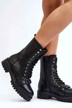 Boto Botki Sznurowane|Czarne Botki*Damskie Botki Workery Z Ozdobą Czarne Belluxe