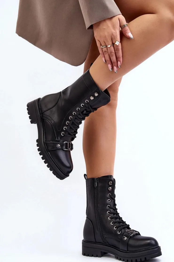 Boto Botki Sznurowane|Czarne Botki*Damskie Botki Workery Z Ozdobą Czarne Belluxe