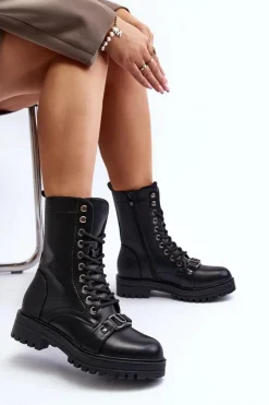 Boto Botki Sznurowane|Czarne Botki*Damskie Botki Workery Z Ozdobą Czarne Belluxe