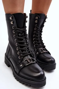 Boto Botki Sznurowane|Czarne Botki*Damskie Botki Workery Z Ozdobą Czarne Belluxe