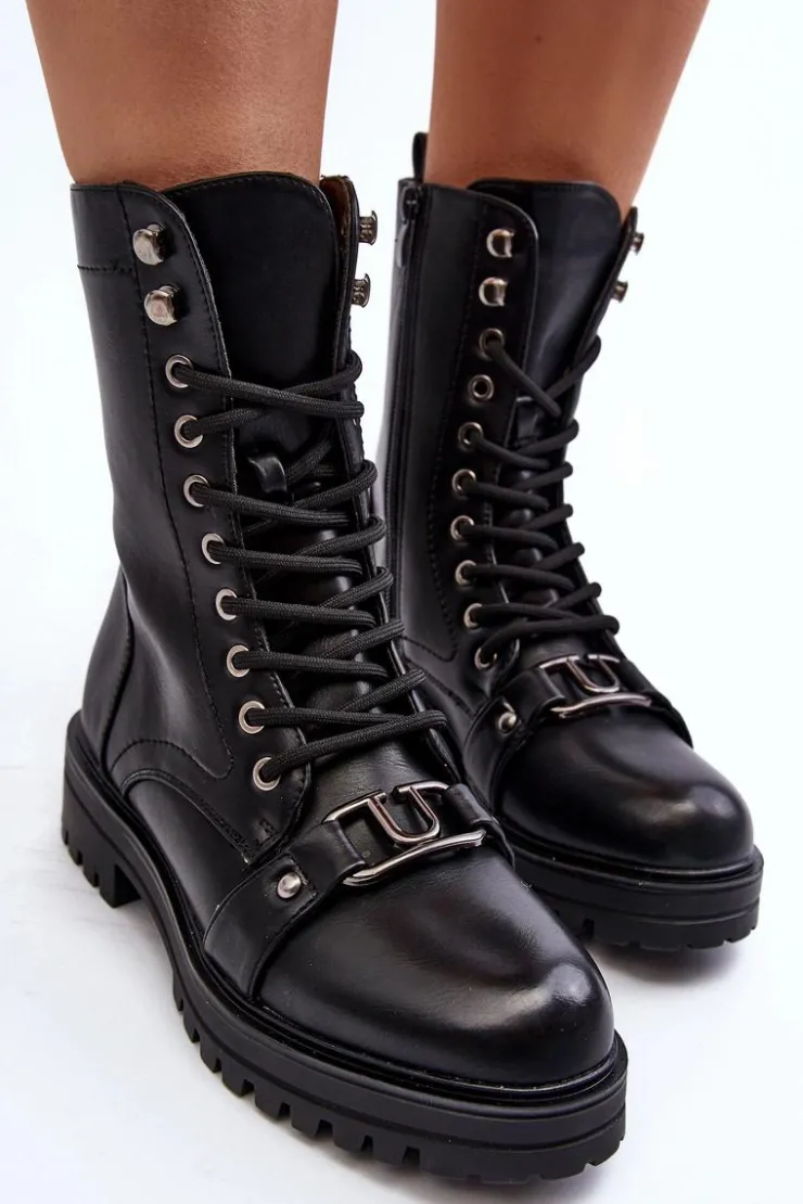 Boto Botki Sznurowane|Czarne Botki*Damskie Botki Workery Z Ozdobą Czarne Belluxe