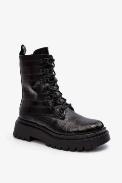 Boto Botki Sznurowane|Czarne Botki*Damskie Botki Workery Z Ozdobnym Tłoczeniem Czarne Tarolia