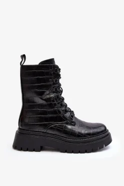 Boto Botki Sznurowane|Czarne Botki*Damskie Botki Workery Z Ozdobnym Tłoczeniem Czarne Tarolia