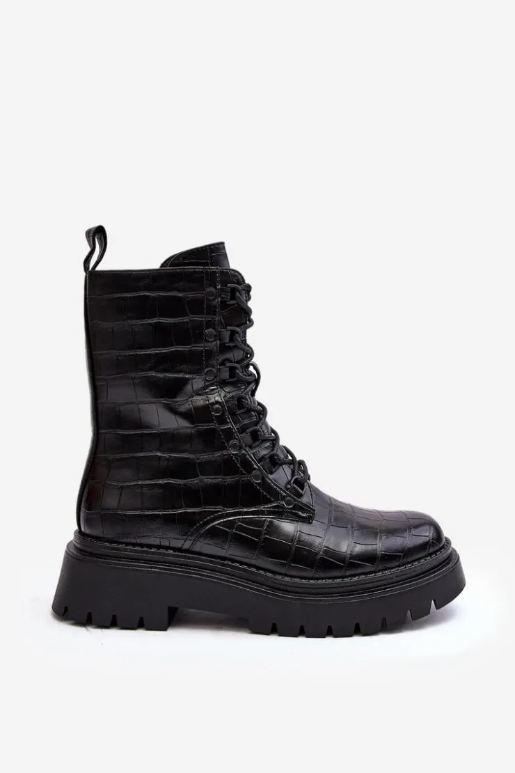 Boto Botki Sznurowane|Czarne Botki*Damskie Botki Workery Z Ozdobnym Tłoczeniem Czarne Tarolia