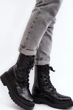 Boto Botki Sznurowane|Czarne Botki*Damskie Botki Workery Z Ozdobnym Tłoczeniem Czarne Tarolia