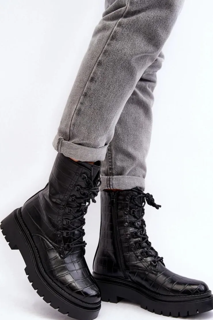 Boto Botki Sznurowane|Czarne Botki*Damskie Botki Workery Z Ozdobnym Tłoczeniem Czarne Tarolia