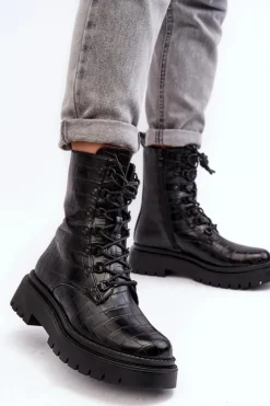 Boto Botki Sznurowane|Czarne Botki*Damskie Botki Workery Z Ozdobnym Tłoczeniem Czarne Tarolia