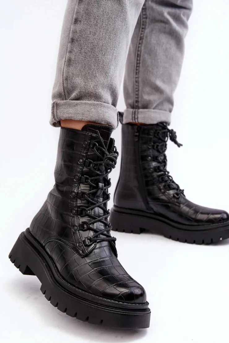 Boto Botki Sznurowane|Czarne Botki*Damskie Botki Workery Z Ozdobnym Tłoczeniem Czarne Tarolia