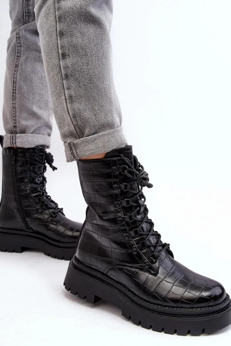 Boto Botki Sznurowane|Czarne Botki*Damskie Botki Workery Z Ozdobnym Tłoczeniem Czarne Tarolia