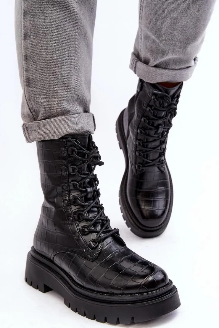 Boto Botki Sznurowane|Czarne Botki*Damskie Botki Workery Z Ozdobnym Tłoczeniem Czarne Tarolia