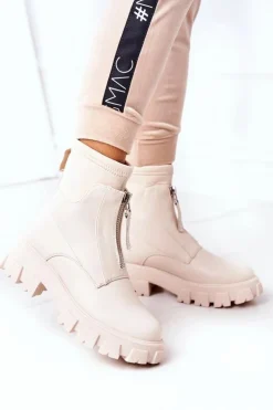 Boto Damskie Trapery|Brązowe I Beżowe Botki*Damskie Botki Workery Z Suwakiem Beżowe Cheers