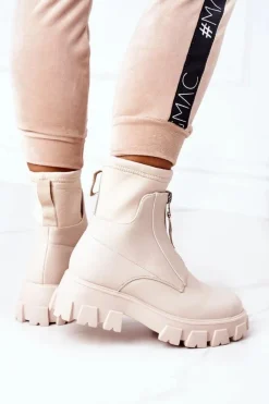 Boto Damskie Trapery|Brązowe I Beżowe Botki*Damskie Botki Workery Z Suwakiem Beżowe Cheers