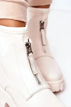 Boto Damskie Trapery|Brązowe I Beżowe Botki*Damskie Botki Workery Z Suwakiem Beżowe Cheers