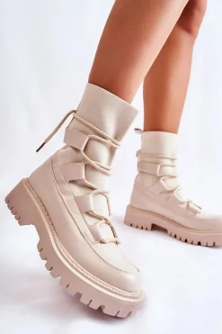 Boto Botki Zimowe Damskie|Brązowe I Beżowe Botki*Damskie Botki Workery Ze Skarpetą Beżowe Fallor