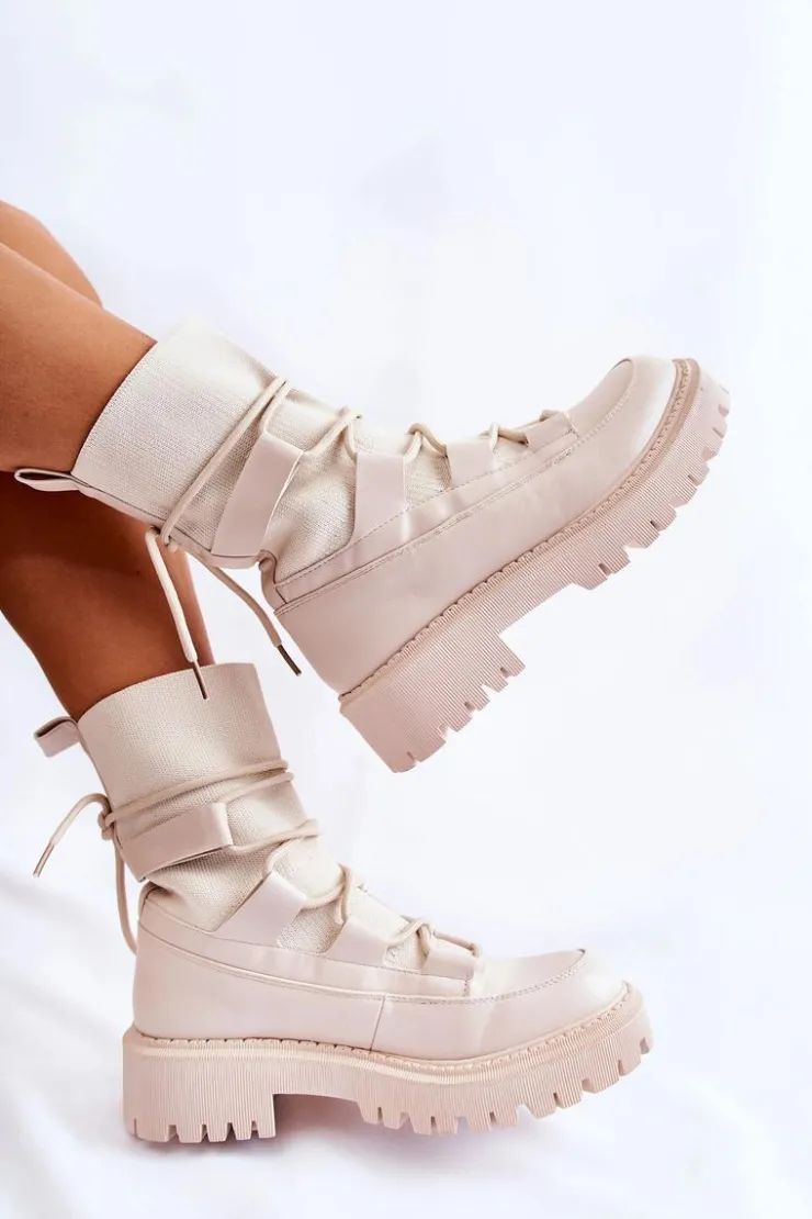 Boto Botki Zimowe Damskie|Brązowe I Beżowe Botki*Damskie Botki Workery Ze Skarpetą Beżowe Fallor