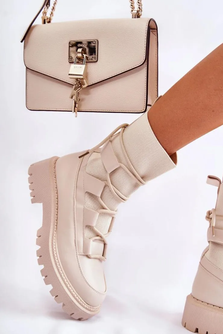 Boto Botki Zimowe Damskie|Brązowe I Beżowe Botki*Damskie Botki Workery Ze Skarpetą Beżowe Fallor