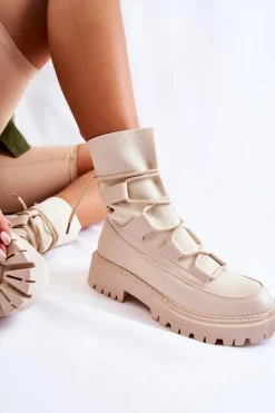 Boto Botki Zimowe Damskie|Brązowe I Beżowe Botki*Damskie Botki Workery Ze Skarpetą Beżowe Fallor