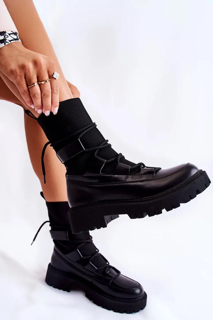 Damskie Boto Damskie Botki Workery Ze Skarpetą Czarne Fallor