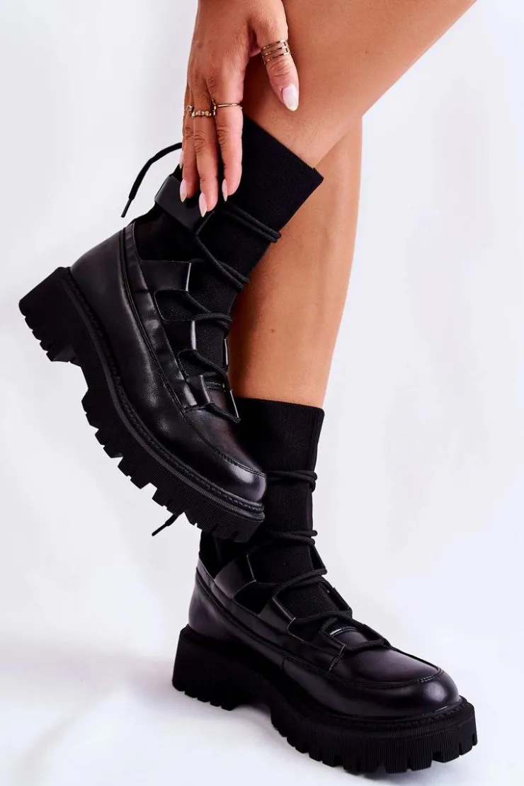 Damskie Boto Damskie Botki Workery Ze Skarpetą Czarne Fallor