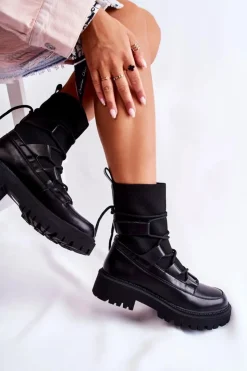 Damskie Boto Damskie Botki Workery Ze Skarpetą Czarne Fallor