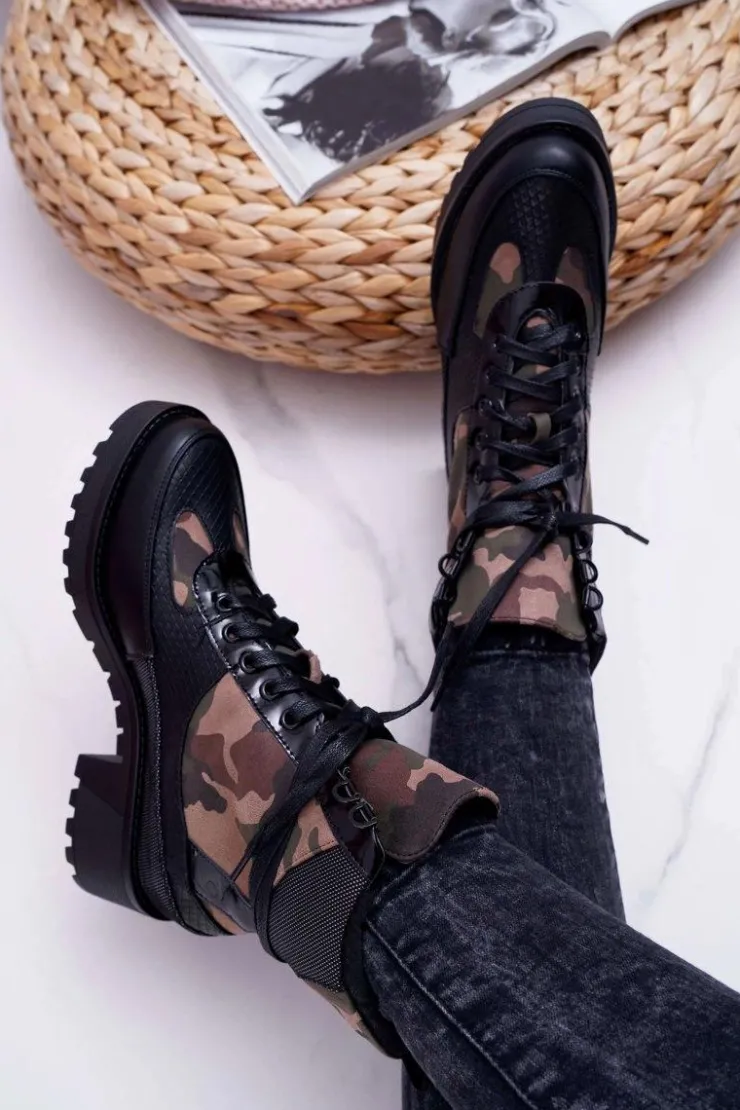 Boto Botki Sznurowane|Botki Zimowe Damskie*Damskie Botki Wysokie Czarne Moro Trapery Nemtere