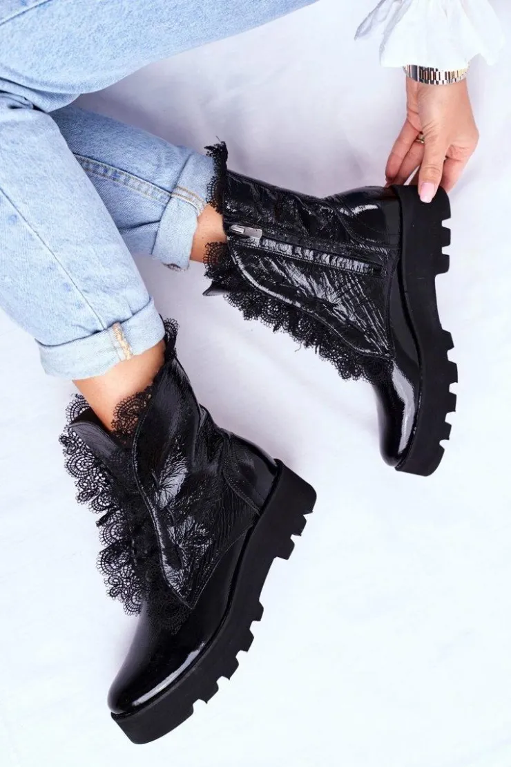 Damskie Boto Damskie Botki Wysokie Lakierowane Skórzane Montegero