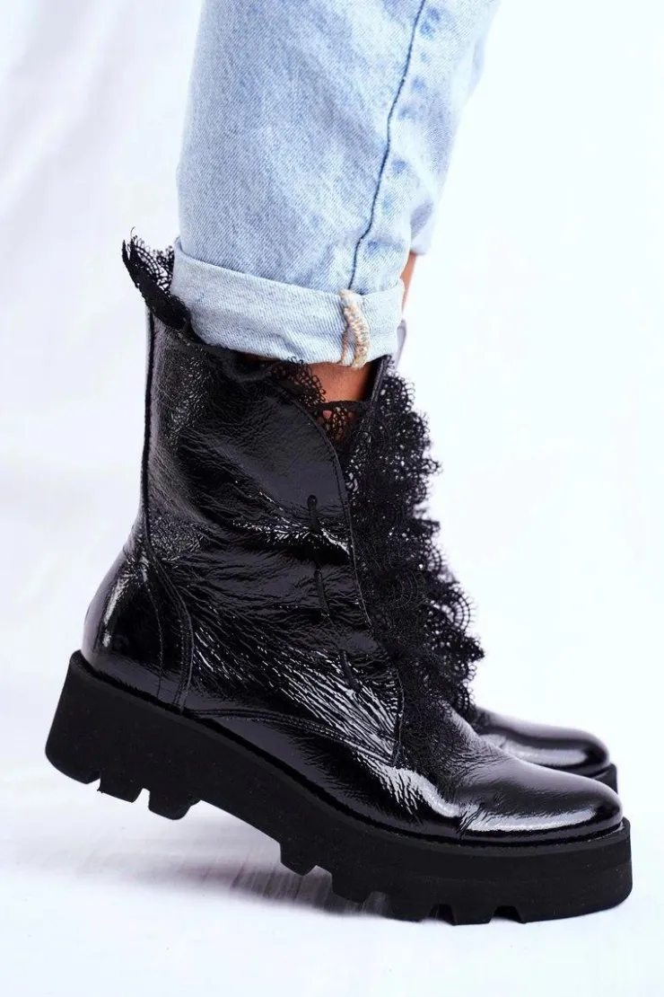 Damskie Boto Damskie Botki Wysokie Lakierowane Skórzane Montegero