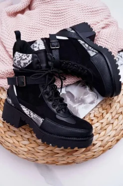 Damskie Boto Damskie Botki Wysokie Trapery Snake Czarne Nemtere