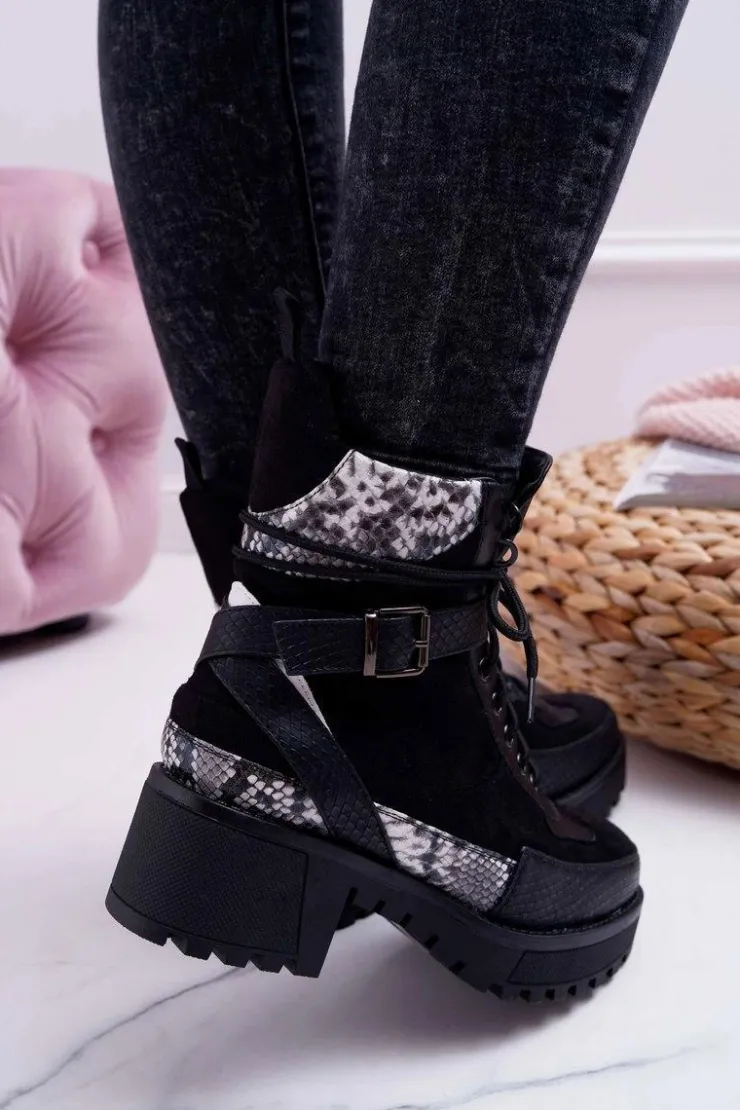 Damskie Boto Damskie Botki Wysokie Trapery Snake Czarne Nemtere