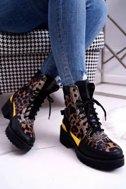 Boto Botki Sznurowane|Botki Zimowe Damskie*Damskie Botki Wysokie Trapery Leopard Femida