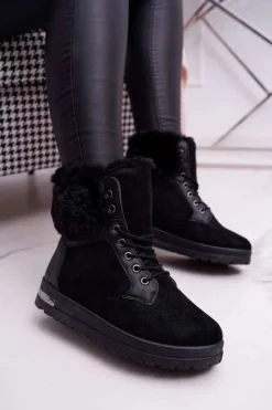 Online Boto Damskie Botki Wysokie z Futerkiem Czarne Glamiso