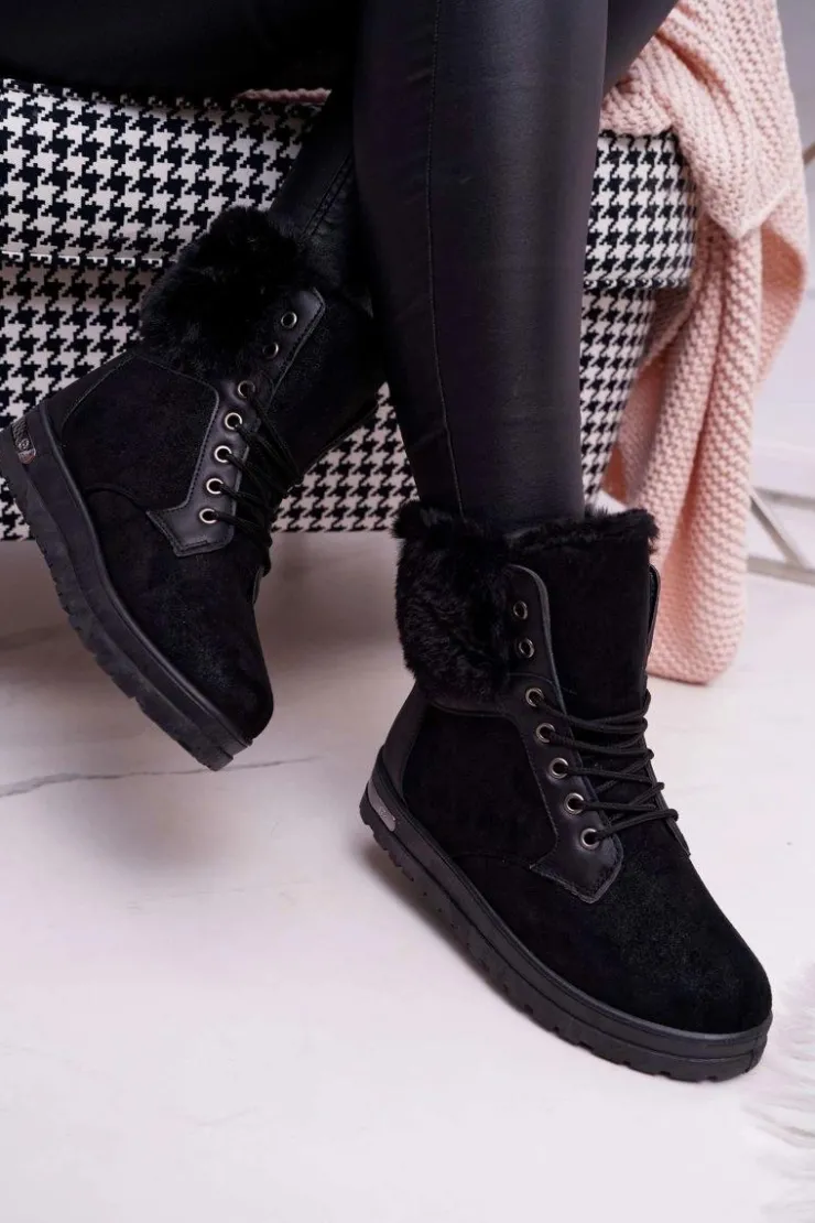 Online Boto Damskie Botki Wysokie z Futerkiem Czarne Glamiso