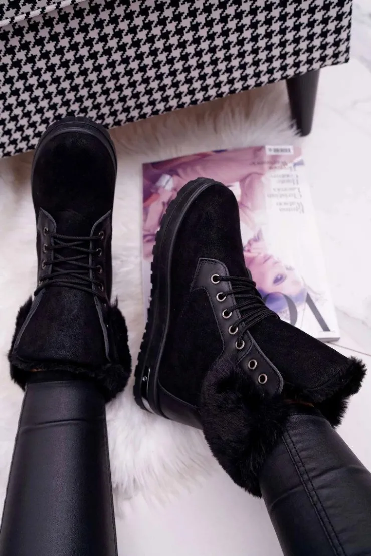 Online Boto Damskie Botki Wysokie z Futerkiem Czarne Glamiso