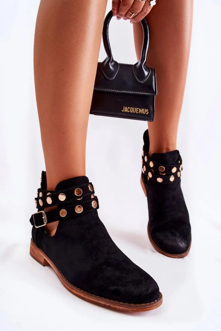 Boto Botki Wiosenne|Czarne Botki*Damskie Botki Z Dżetami Na Płaskim Obcasie Czarne Larino