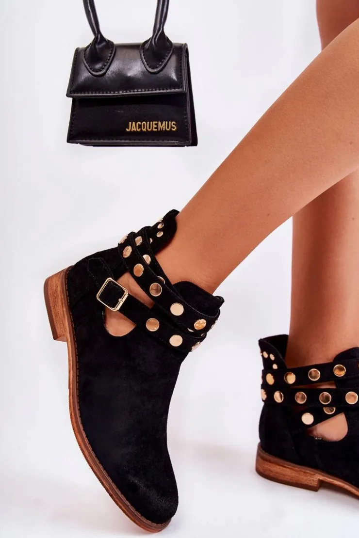 Boto Botki Wiosenne|Czarne Botki*Damskie Botki Z Dżetami Na Płaskim Obcasie Czarne Larino