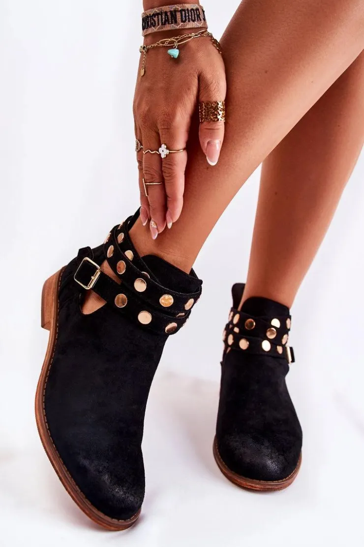 Boto Botki Wiosenne|Czarne Botki*Damskie Botki Z Dżetami Na Płaskim Obcasie Czarne Larino