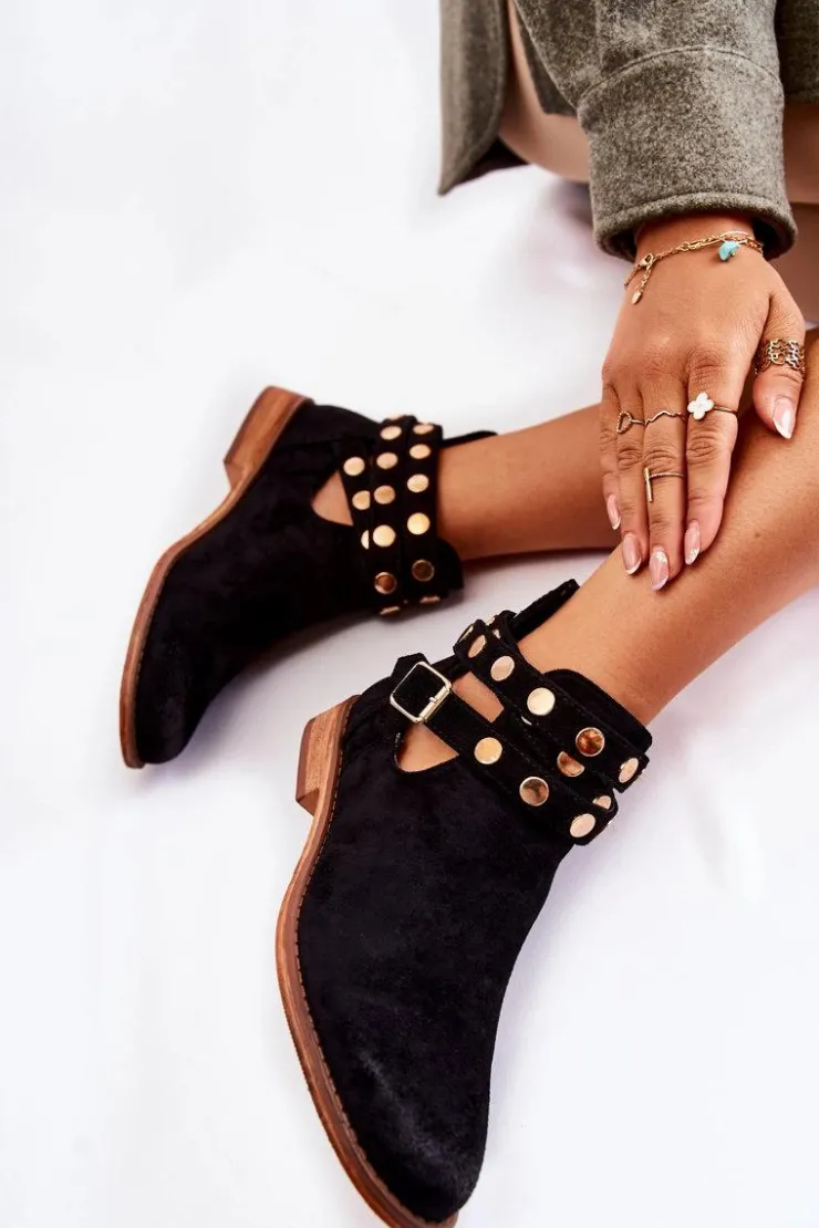 Boto Botki Wiosenne|Czarne Botki*Damskie Botki Z Dżetami Na Płaskim Obcasie Czarne Larino