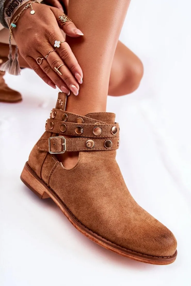 Damskie Boto Damskie Botki Z Dżetami Na Płaskim Obcasie Brązowe Larino