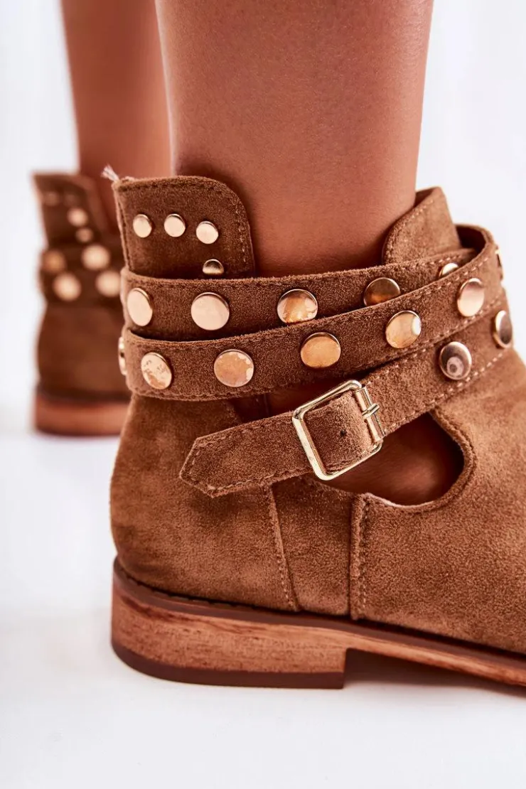 Damskie Boto Damskie Botki Z Dżetami Na Płaskim Obcasie Brązowe Larino