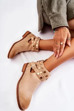 Discount Boto Damskie Botki Z Dżetami Na Płaskim Obcasie Beżowe Larino