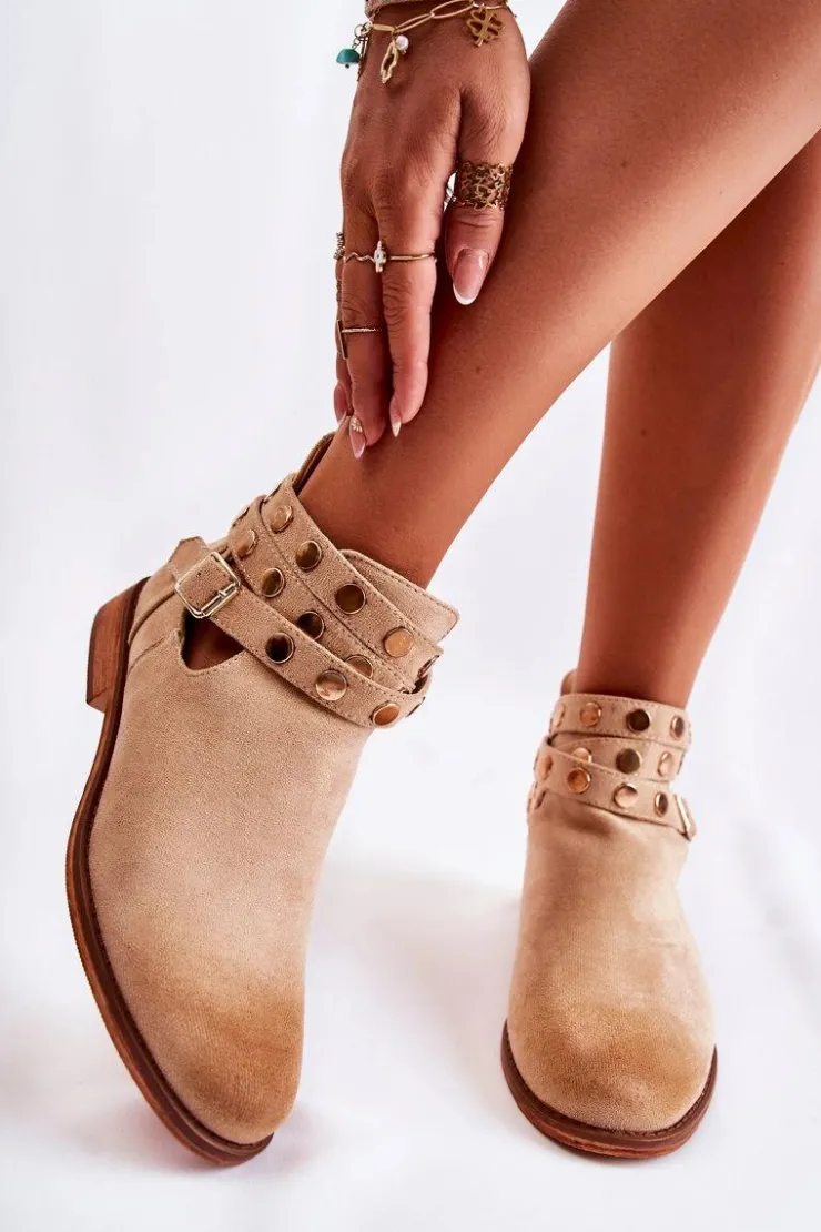 Discount Boto Damskie Botki Z Dżetami Na Płaskim Obcasie Beżowe Larino