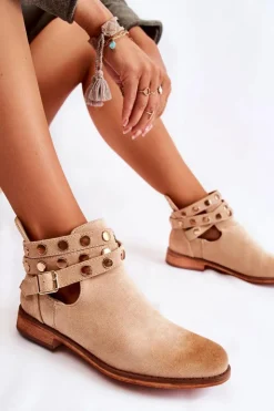 Discount Boto Damskie Botki Z Dżetami Na Płaskim Obcasie Beżowe Larino