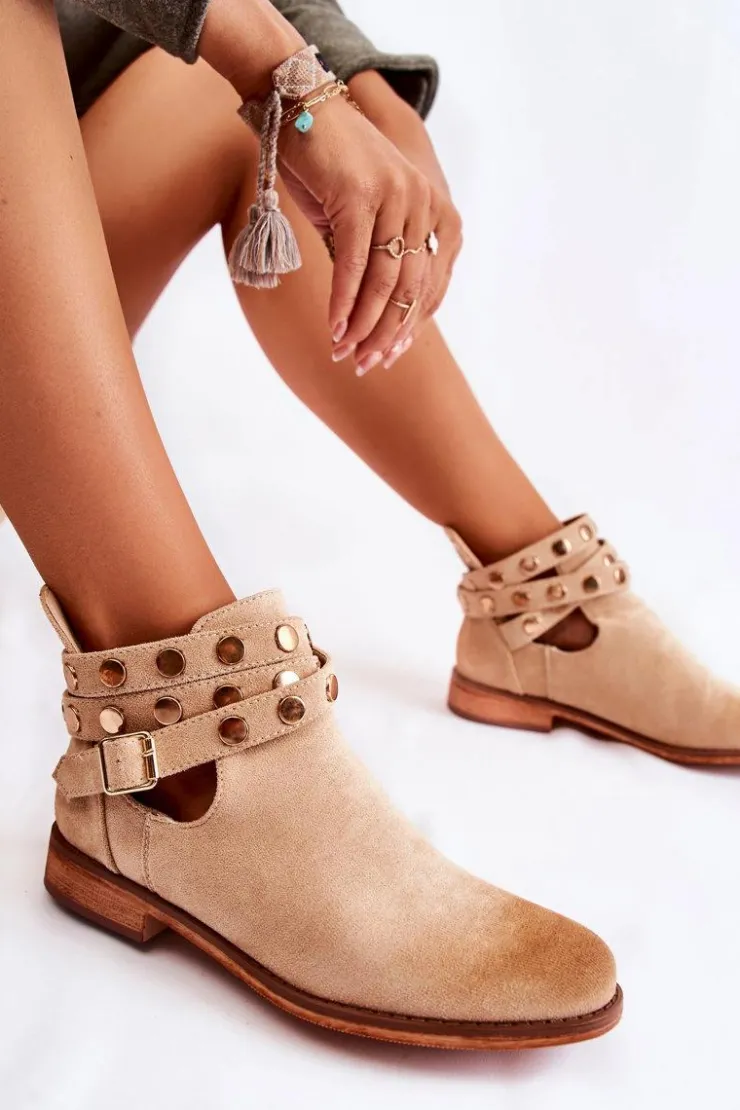 Discount Boto Damskie Botki Z Dżetami Na Płaskim Obcasie Beżowe Larino