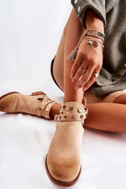 Discount Boto Damskie Botki Z Dżetami Na Płaskim Obcasie Beżowe Larino