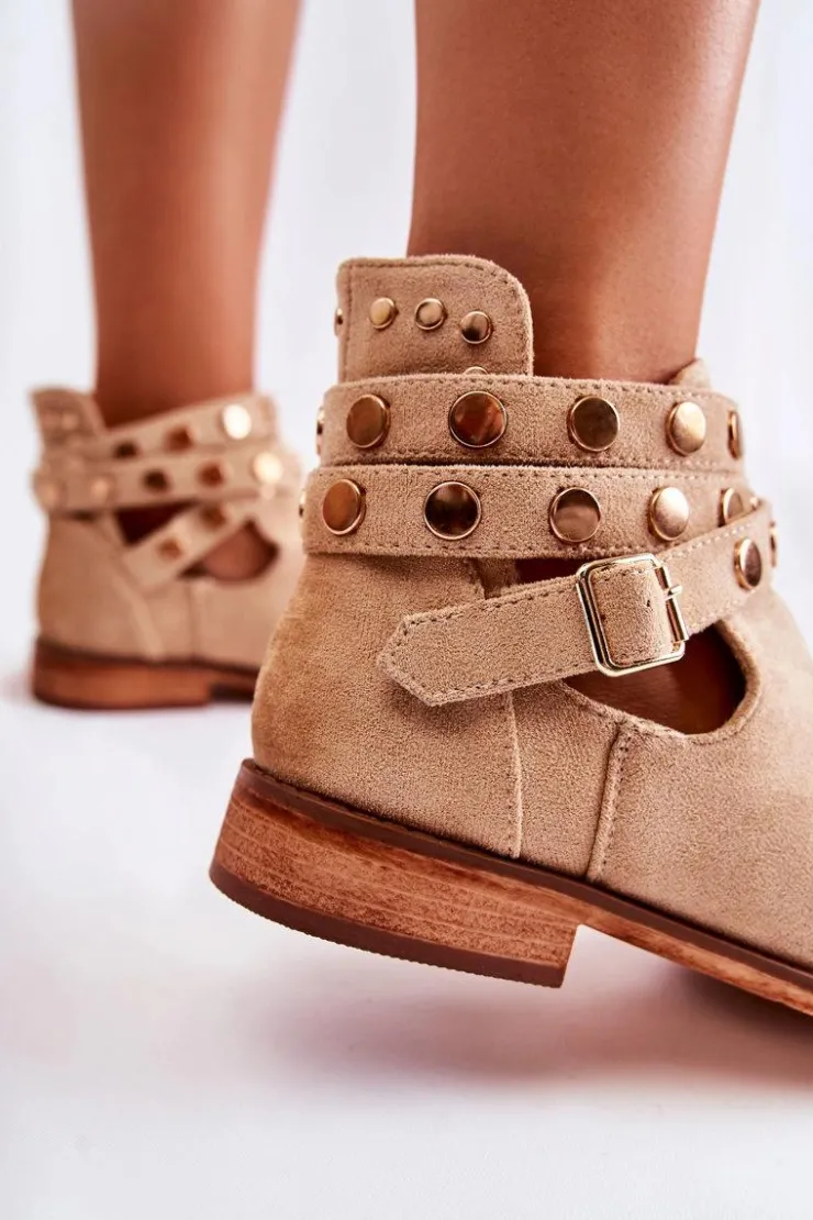 Discount Boto Damskie Botki Z Dżetami Na Płaskim Obcasie Beżowe Larino