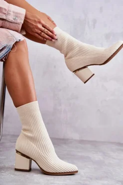 Boto Botki Wiosenne|Botki Na Słupku*Damskie Botki Z Elastyczną Skarpetą Beżowe Carmon