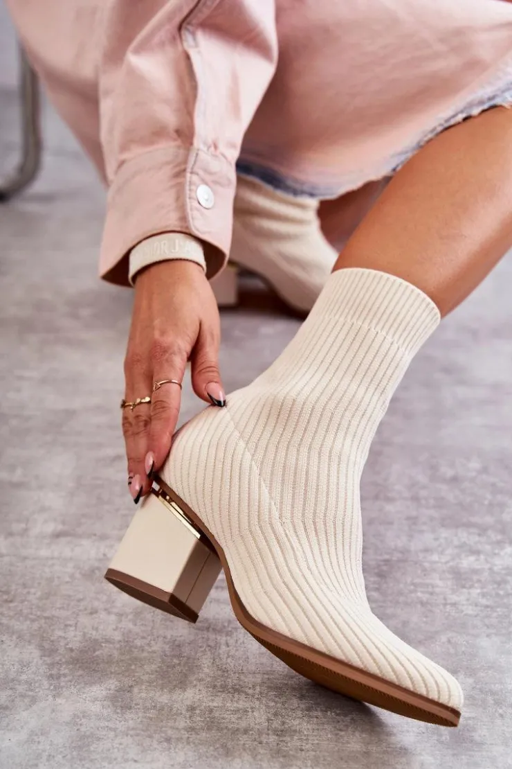 Boto Botki Wiosenne|Botki Na Słupku*Damskie Botki Z Elastyczną Skarpetą Beżowe Carmon